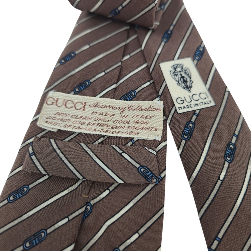 Gucci Necktie Brown Silk Blue GG Logo Accessory Collection Vintage 80s Italy